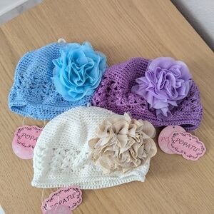 Popatu Kids Crochet Beanie Trio - Blue, Purple, and Cream